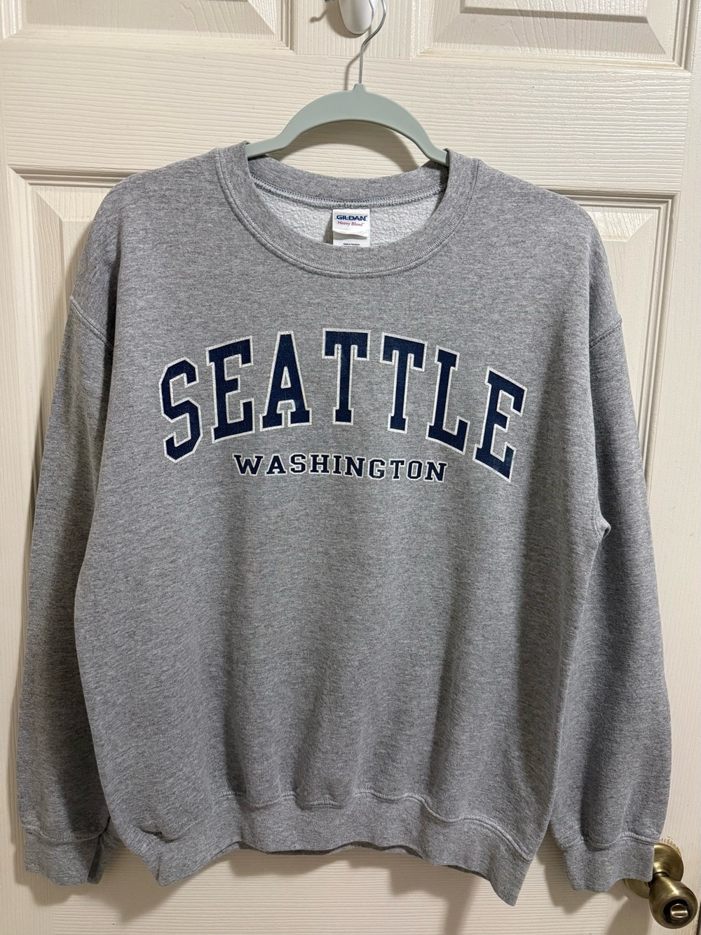 Gildan Gray Crewneck Sweatshirt with Navy Seattle Washington Print